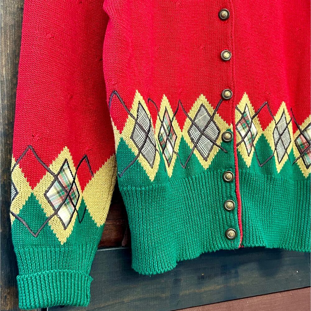 Vintage 1990s Silk SUSAN BRISTOL Cozy New Preppy Argyle Holiday SWEATER Cardigan - Picture 3 of 5